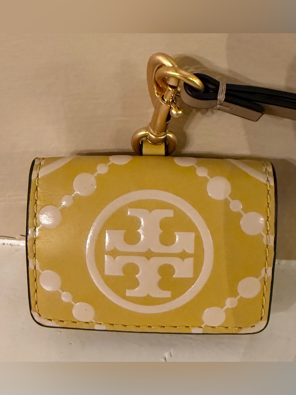 Tory Burch T Monogram Embossed Leather AirPods Pro Case Golden Sunset Yellow EUC